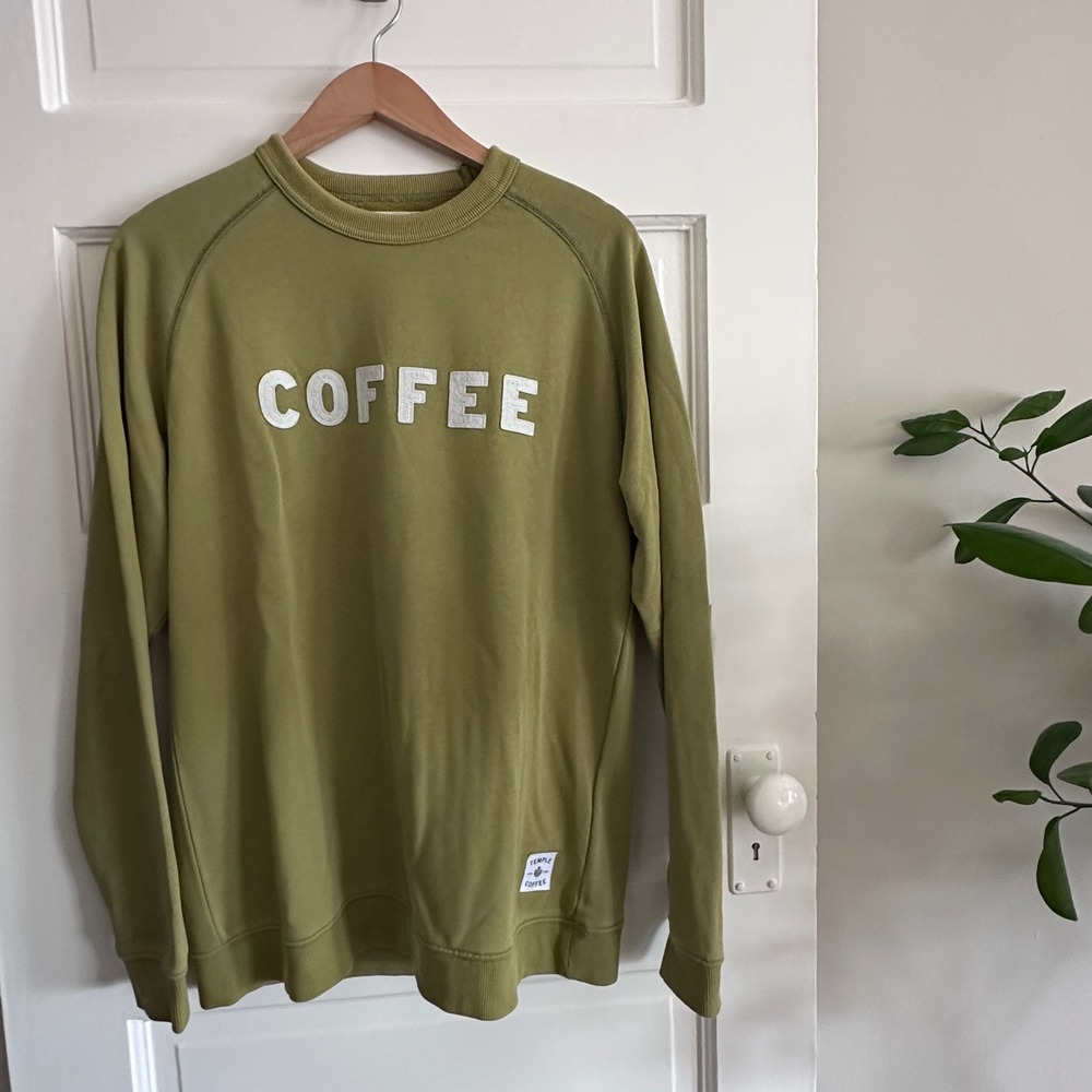 NEW Temple Coffee Sweatshirt Olive Green COFFEE Graphic‎ Pullover Size S